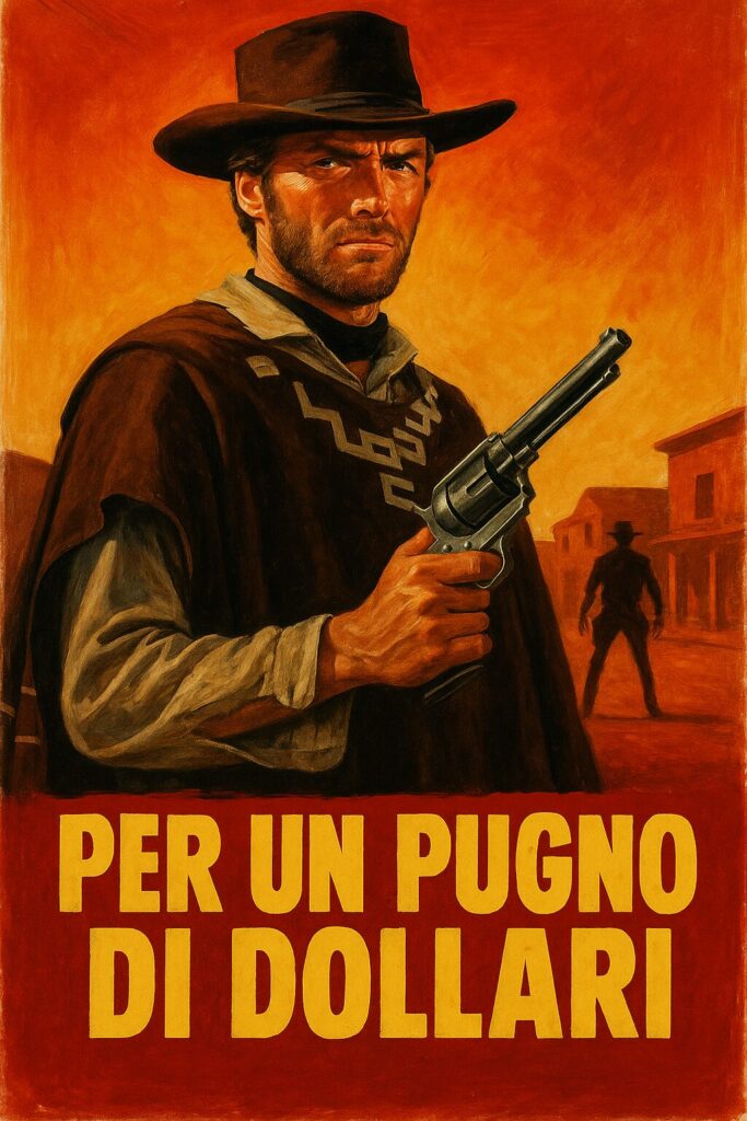 Gritty cowboy in poncho aiming revolver