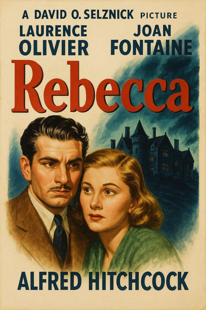 Vintage movie poster of couple and mansion.