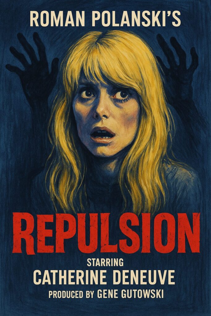 Movie poster: frightened blonde woman, shadowy hands.