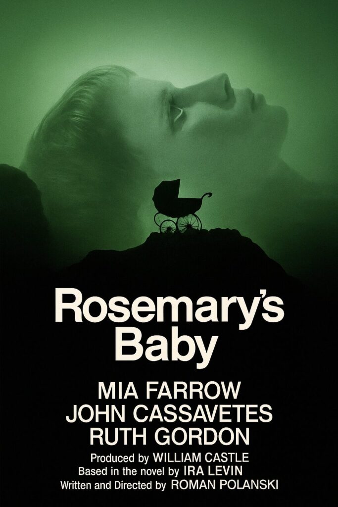 Green-tinted woman's profile above silhouette baby carriage