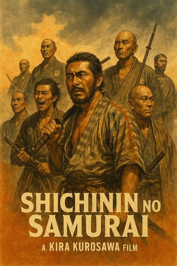 Group of stern samurai holding swords