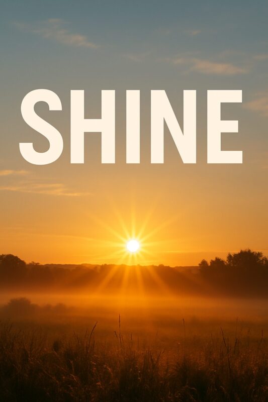 Bold 'SHINE' text over misty sunrise