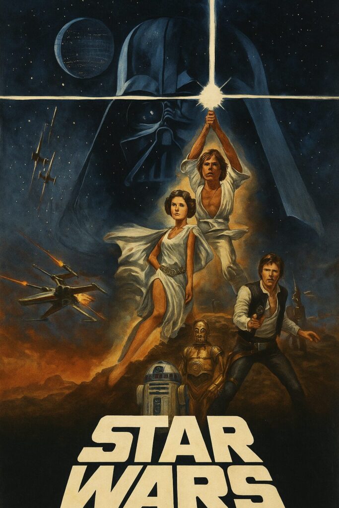 Luke raises lightsaber; Leia, Han, droids, Vader