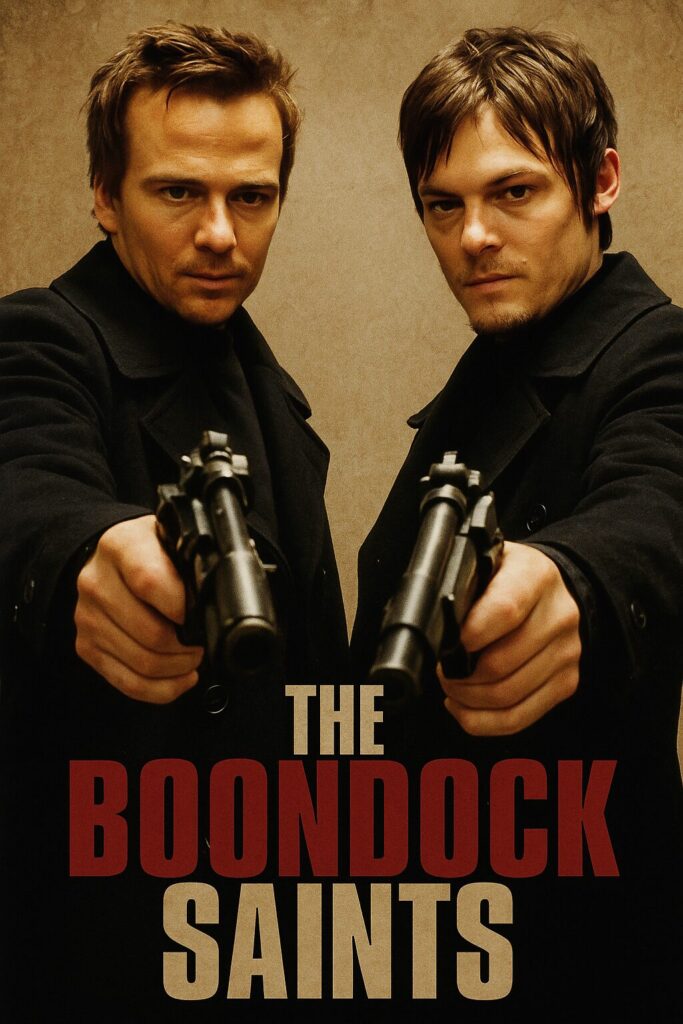 Two men in black coats pointing guns