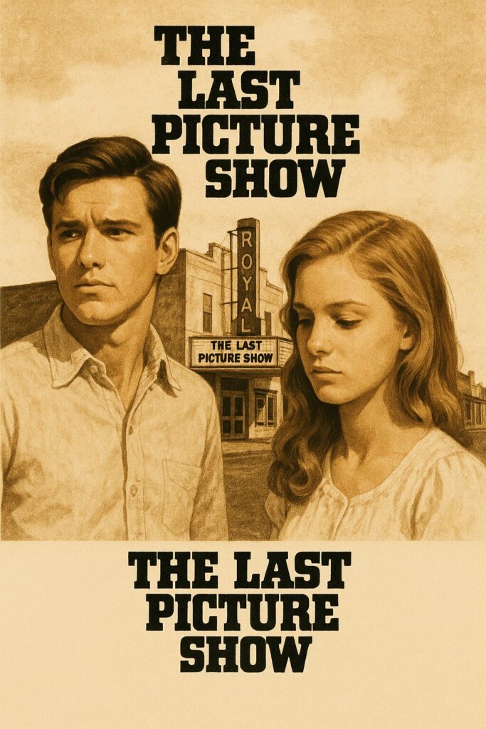Sepia poster of two youths beside theater