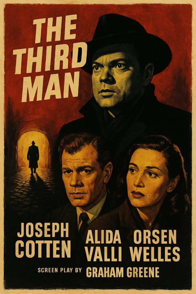 Film poster featuring three faces and silhouette
