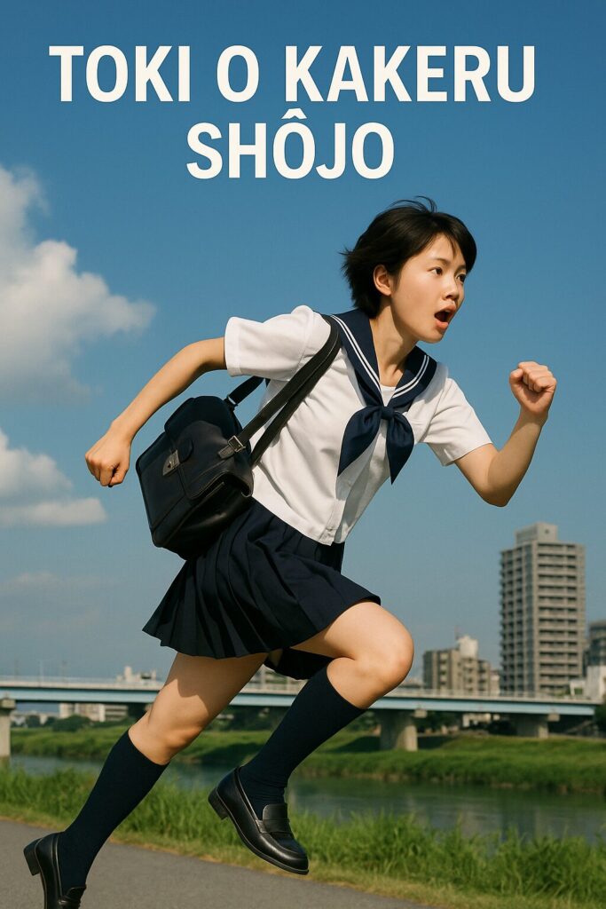 Schoolgirl in sailor uniform running outdoors