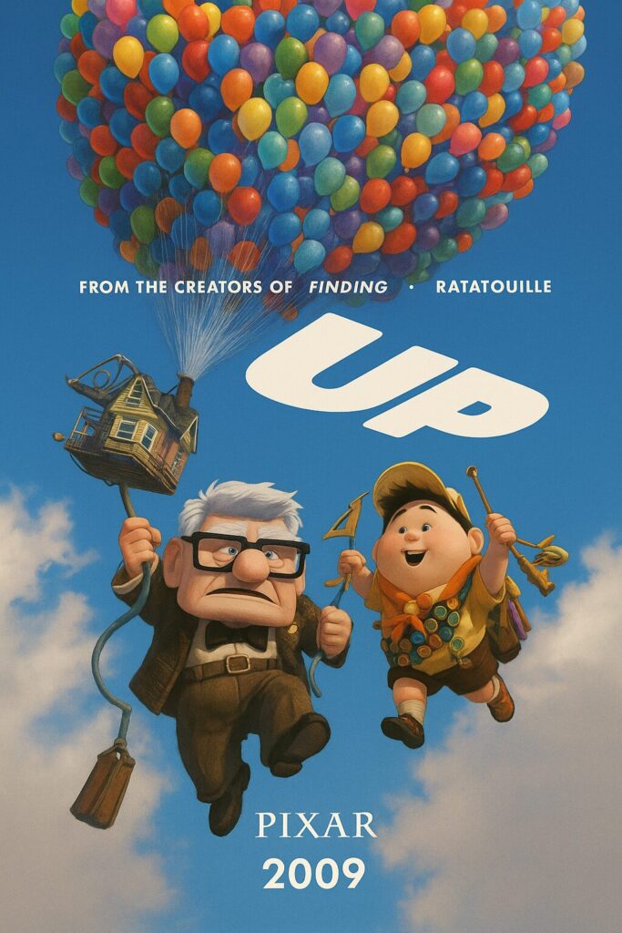 Elderly man and boy carried by balloons