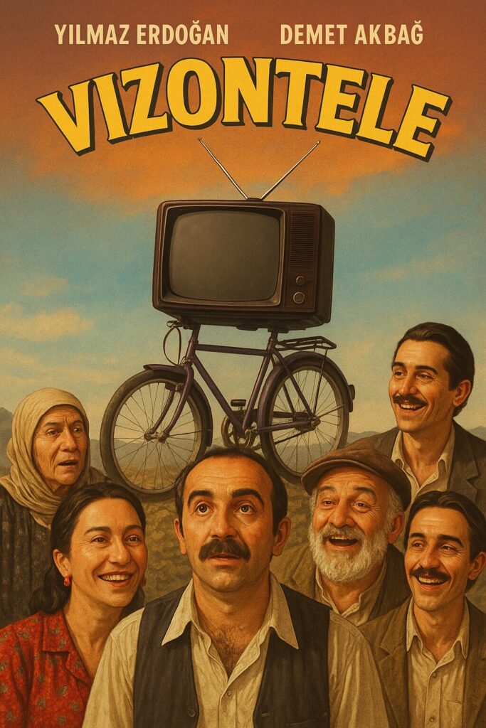 Old television balanced on bicycle, smiling villagers