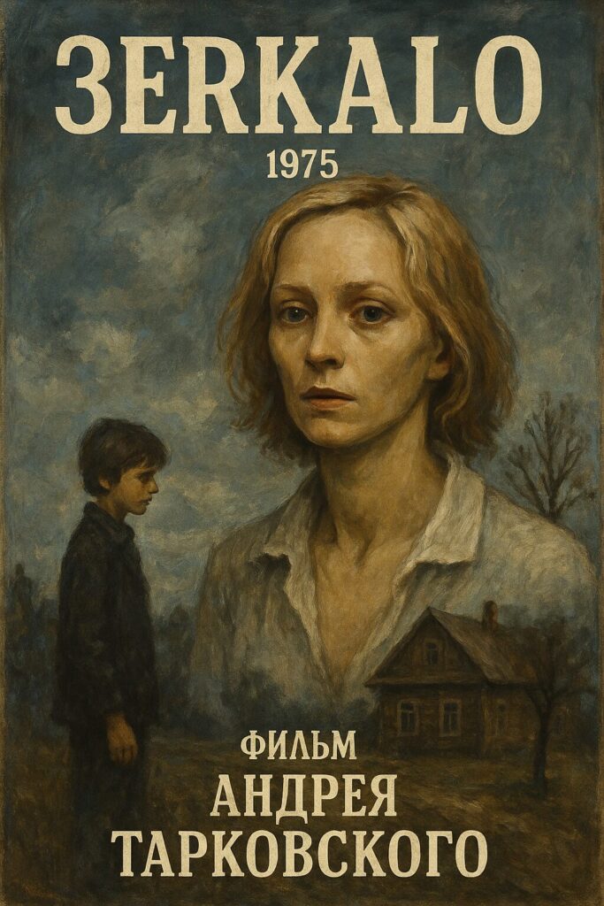 Somber film poster: woman, boy, rural house